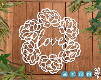 Love Svg, Love Valentines Day Clipart, Love Png Round template, Flowers Svg, Word Love Vector Silhouette Svg Files for Cricut and Silhouette