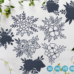 Op de afbeelding: Een set van tien zwarte en witte bloemmotieven in SVG-formaat om uit te snijden. De bloemen zijn in verschillende stijlen en maten, perfect voor knutsel- en designprojecten.