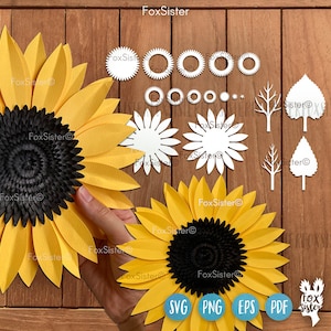 Papier tournesol svg pour Cricut et Silhouette, FoxSister, modèle de fleur en papier 3D, fichiers svg fleur en papier bricolage, modèle tournesol