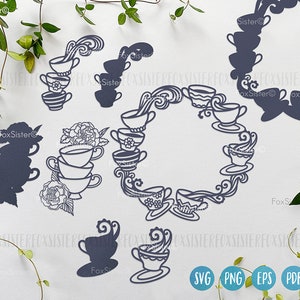 May include: A set of six digital cut files featuring teacups and swirls. The files are in SVG, PNG, EPS, and PDF formats. The teacups are in a dark gray color.
