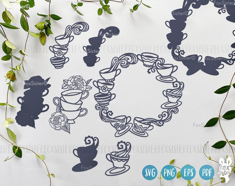 May include: A set of six digital cut files featuring teacups and swirls. The files are in SVG, PNG, EPS, and PDF formats. The teacups are in a dark gray color.