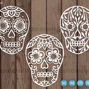 3 Sugar Skulls Svg File, Skull Svg, Sugar Skull Clipart, Day of the dead Svg, Halloween Clip art, Fun Svg, Cricut File, Silhouette File
