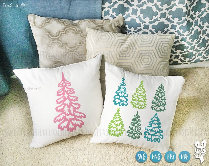 May include: Two white pillowcases with a design of stylized trees. One pillowcase has a pink tree, the other has six trees in shades of green and blue.