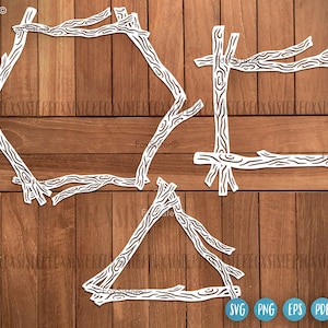 May include: Three white, wooden frames with a rustic, twig-like design. The frames are in the shape of a hexagon, square, and triangle. The frames are on a wood background.
