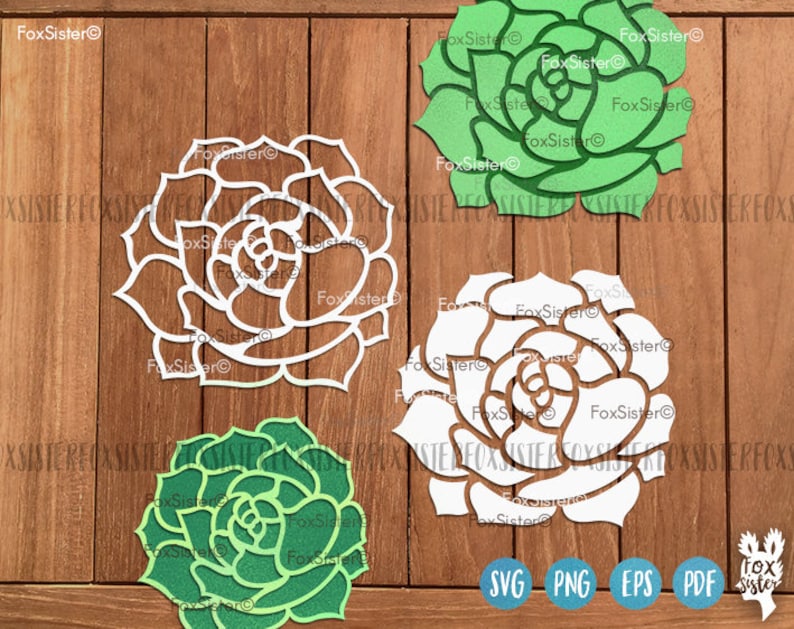 May include: Four digital cut files of succulent plants. The files are in white, green, and a combination of white and green. The files are labeled with the file types SVG, PNG, EPS, and PDF.