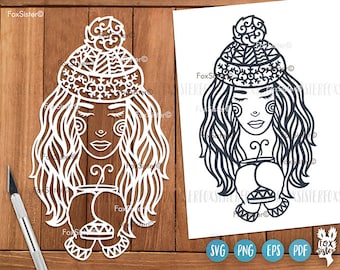 Mädchen trinkt heißen Tee SVG Png Pdf Eps Vektor geschnittene Dateien, Winter Clipart, Weihnachten geschnittene Datei, Mädchen SVG, FoxSister, Cricut und Silhouette