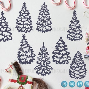 May include: A set of eight digital cut files featuring various styles of stylized Christmas trees. The trees are outlined in dark blue and have a white fill. The files are available in SVG, PNG, EPS, and PDF formats.