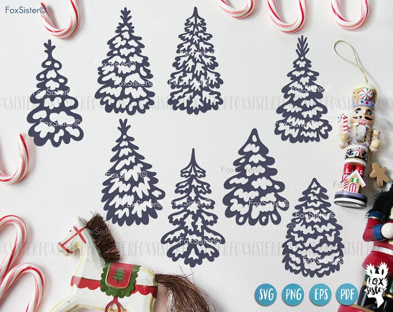 May include: A set of eight digital cut files featuring various styles of stylized Christmas trees. The trees are outlined in dark blue and have a white fill. The files are available in SVG, PNG, EPS, and PDF formats.