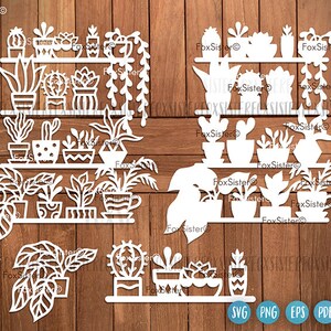 Suculentas lindas en un estante Svg, Plantas de interior Svg, Plantillas de corte de papel para decoración del hogar, Archivo de corte de calcomanía de cactus PNG para Cricut y Silhouette