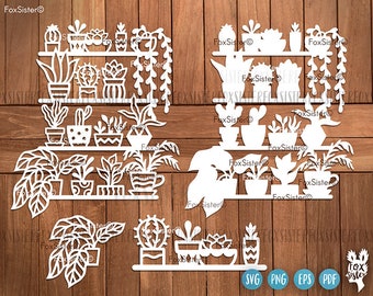 Süße Sukkulenten auf einem Regal, Sukkulenten auf einem Regal, Zimmerpflanzen, Dekor, Papierschnitt Vorlagen, Png Kaktus Aufkleber Clipart Cut Datei für Cricut und Silhouette