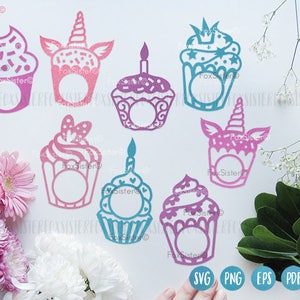 May include: A collection of colorful cupcake-shaped cutouts in pink, purple, and blue. Some designs include unicorn horns, bows, and candles. The image also includes the text "FoxSister" and file type icons for SVG, PNG, EPS, and PDF.