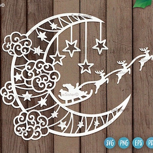 Santa Schlitten svg für Cricut und Silhouette, FoxSister, Weihnachten svg, Weihnachten svg Dateien, Santa svg, fliegende Rentiere svg, Nachthimmel svg