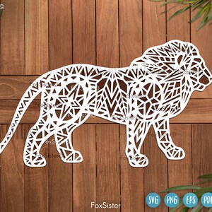 May include: White geometric lion silhouette design for crafting and cutting. The design is made up of triangles and lines, creating a detailed and intricate pattern.