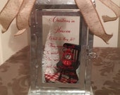 Farmhouse Rustic Christmas in Heaven Memorial Lantern with wood stool or wood rocker Lantern and rug Christmas in Heaven Poem Custom Memoria