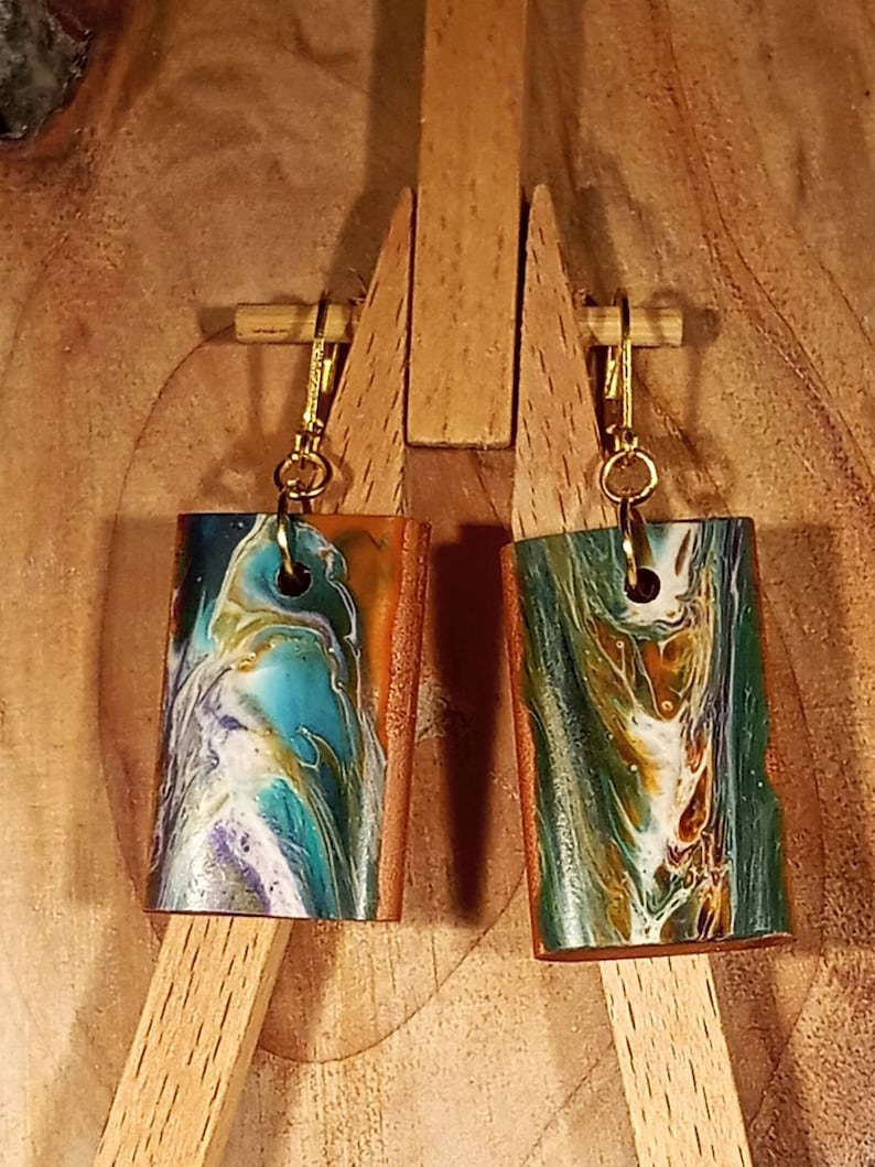 Earrings abstract resin design on cypress wood blocks which retain the scent of your favourite essential oil.
