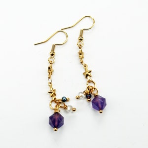 hanging earrings in stainless steel, star and faceted amethyst pearl