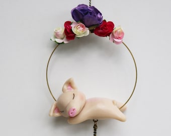 Decorative mobile, flower crown and my pig, floral wall decoration