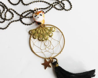 polar fox long necklace on his dream catcher, eye heart charm and peacock feather