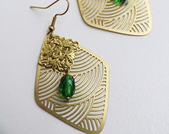 boucles d'oreilles chic en laiton et perle verte