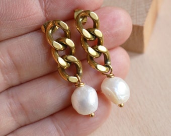 boucles d'oreilles perles d'eau douce et grosse maille acier inoxydable