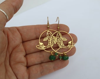 brass fish earrings and green pearls enchanted garden collection