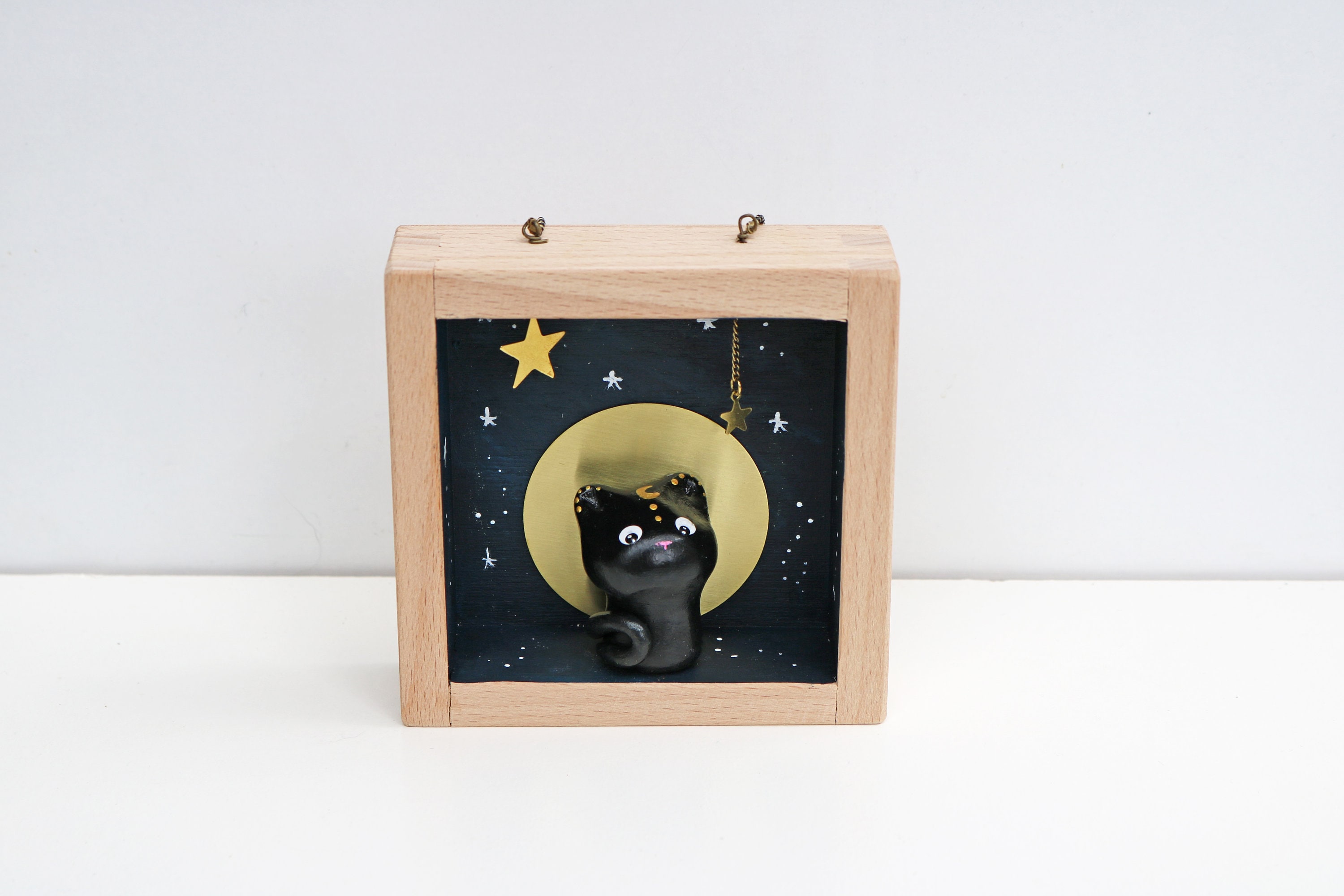 Cadre Décoratif en Bois , Chat Noir Un Soir de Pleine Lune