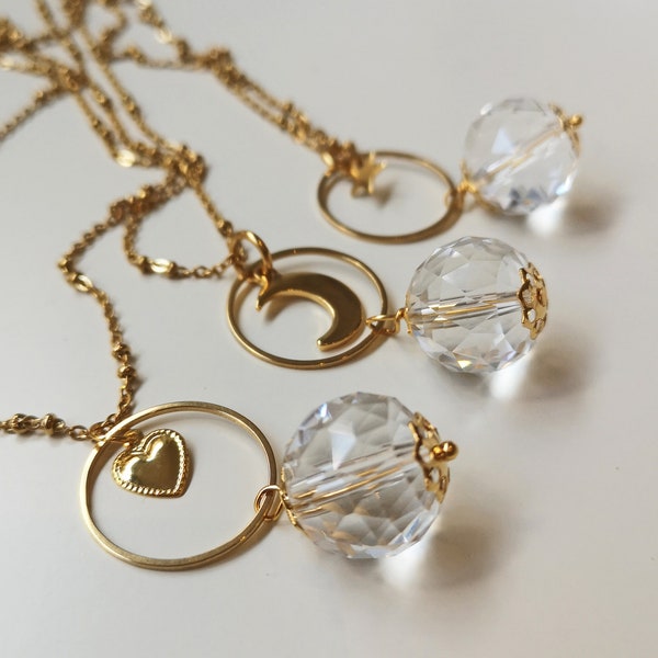 collier sautoir perle de cristal et cœur en acier inoxydable , collier grigri ,attrape soleil