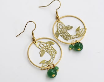 boucles d'oreilles en laiton carpe et perle d'aventurine