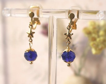 Boucles d'oreilles clips pendantes étoile et perle bleue en acier inoxydable