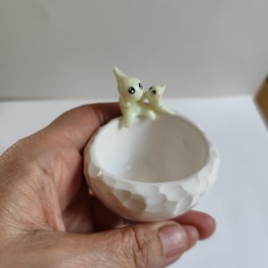 Peut inclure: Un petit bol blanc texturé avec deux petites figurines vert clair perchées sur le bord. Les figurines ont des yeux noirs et sont dans une pose câline. Le bol est tenu dans une main.