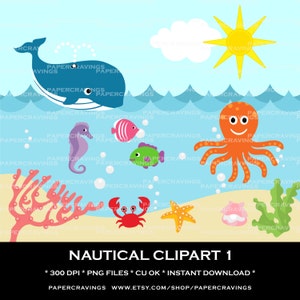 Clipart nautico Uso commerciale e personale - stampabile 44 colori pesce oceano stella marina balena seahorse granchio ISTANTANEO SCARICARE scrapbooking