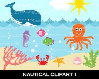 Clipart náutico Comercial y uso personal - imprimible 44 colores peces oceánicos ballena ballena caballito de mar cangrejo INSTANT DESCARGAR scrapbooking
