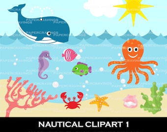 Nautical Clipart Commercial and Personal Use - printable 44 colours ocean fish starfish whale seahorse crab INSTANT DOWNLOAD scrapbooking