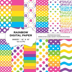 Rainbow Digital Paper Pack 12" x 12" Commercial and Personal Use multicolored girl printable stripe wavy chevron star dot INSTANT DOWNLOAD