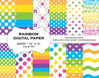 Rainbow Digital Paper Pack 12" x 12" Uso comercial y personal multicolor chica imprimible raya ondulada chevron estrella punto INSTANT DESCARGAR INSTANTÁNEA