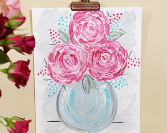 Rose Painting, Floral Art, Paintings on Paper, Mother's Day GIft, Original Paintings, Roses in Vase, Pink Roses, Rose Art, Flower art