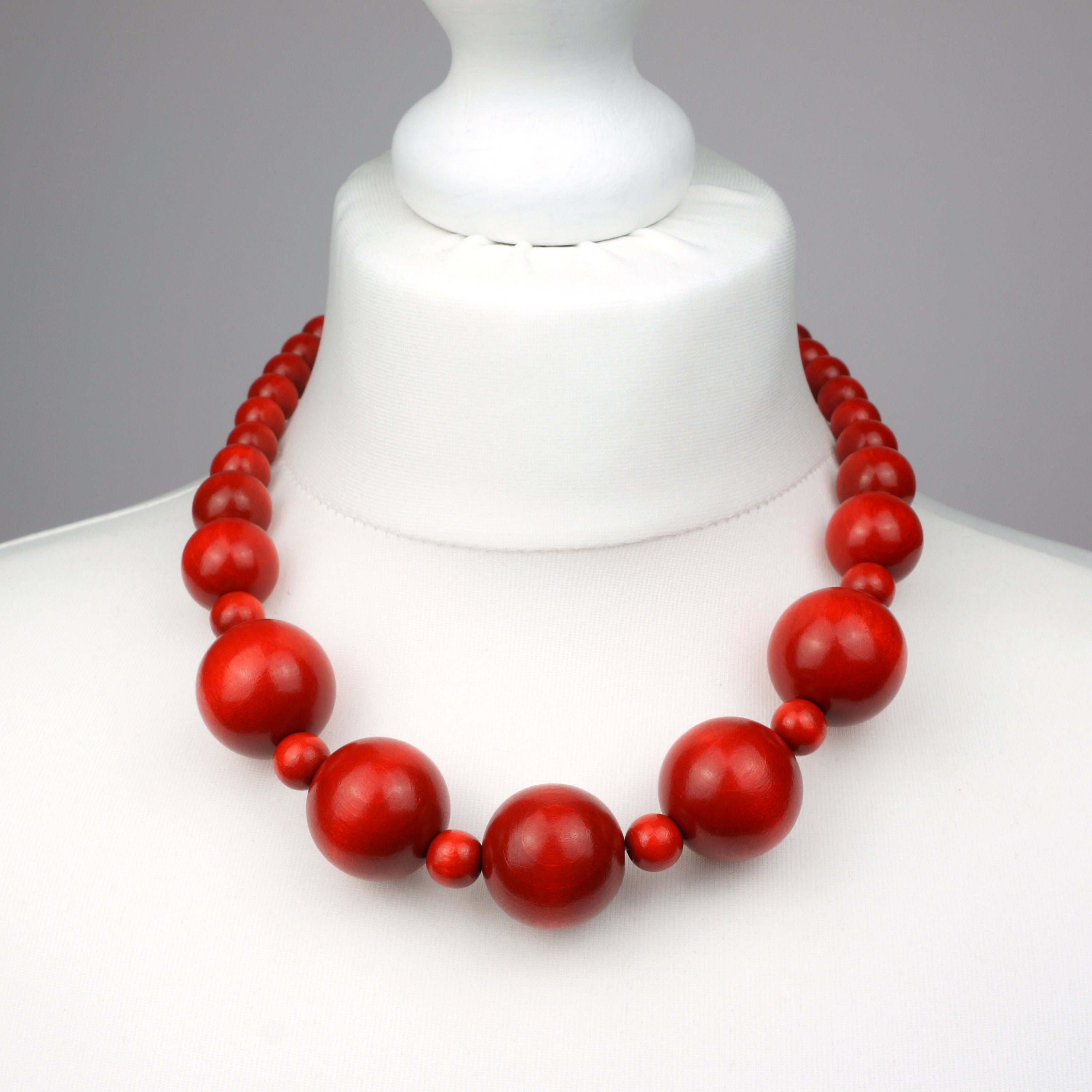 Red Wooden Bead Necklace Chunky Red Necklace Red Beaded Etsy