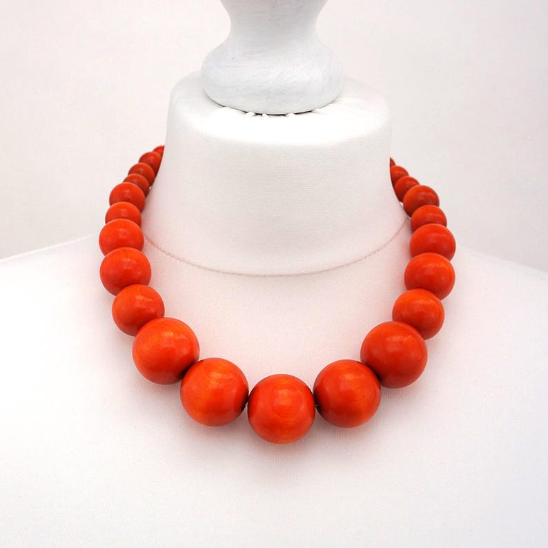 Orange Wooden Bead Necklace Chunky Image 0