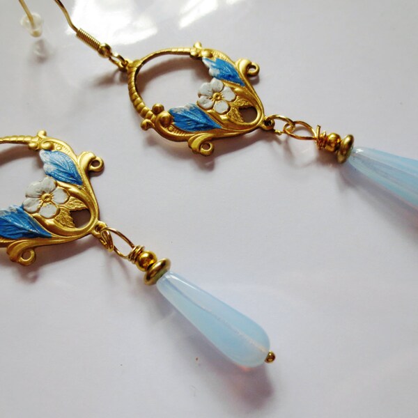 Art Nouveau earrings Edwardian earrings vintage style blue Art Deco earrings handpainted blue opal glass earrings vintage wedding earrings