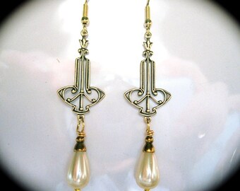 Art Deco earrings vintage 1920s bride long cream pearl drop Art Nouveau earrings Edwardian earrings bridal pearl earrings wedding earrings