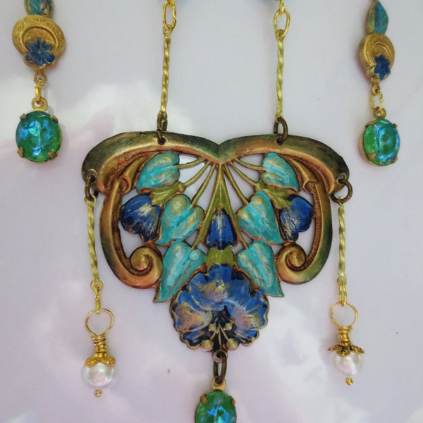 Art Nouveau necklace and earrings set Edwardian necklace set 1910 1920s vintage style pearl statement necklace set blue turquoise