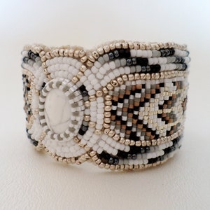 Cuff Bracelet, White Howlite w Black Gray and Silver Southwestern Seed Bead Embroidery, Adjustable Boho Country Western Wear, ID 900049342