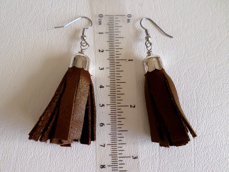 Brown Leather Tassel Earrings Silver finish Trim Etsy