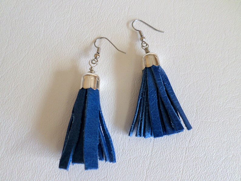 Blue Leather Tassel Earrings Southwestern Country Western Etsy