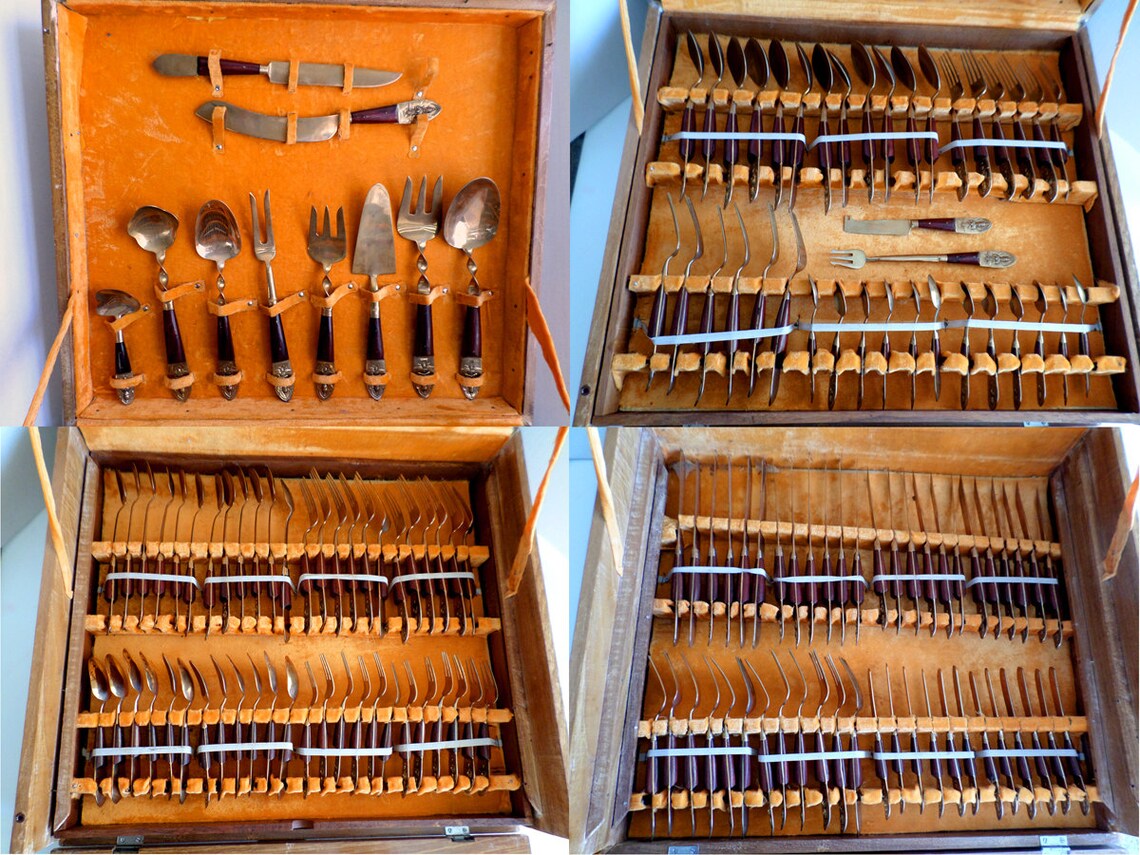 Vintage 144 Piece Flatware Set Siam Brass and Rosewood 12 Etsy