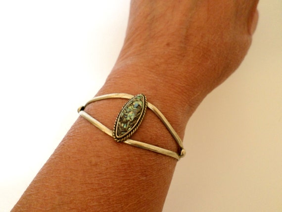 Abalone Shell Silvertone Cuff Bracelet, Vintage B… - image 3