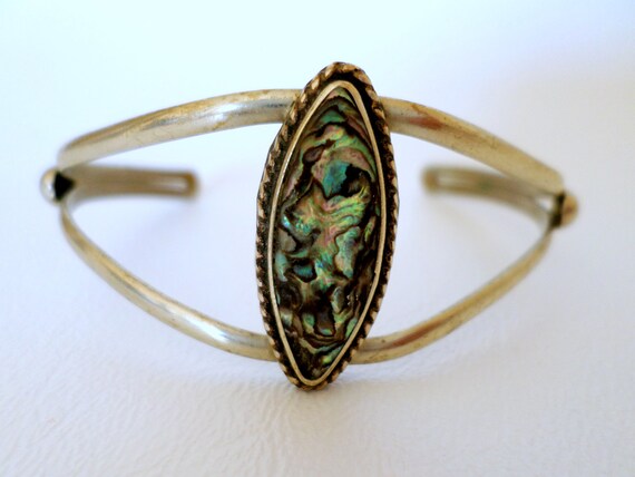Abalone Shell Silvertone Cuff Bracelet, Vintage B… - image 1