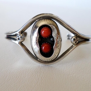 Shadowbox Cuff Bracelet, 6 3/4 inch Sterling Silver with Red Coral, Boho Southwestern, ID 270162176
