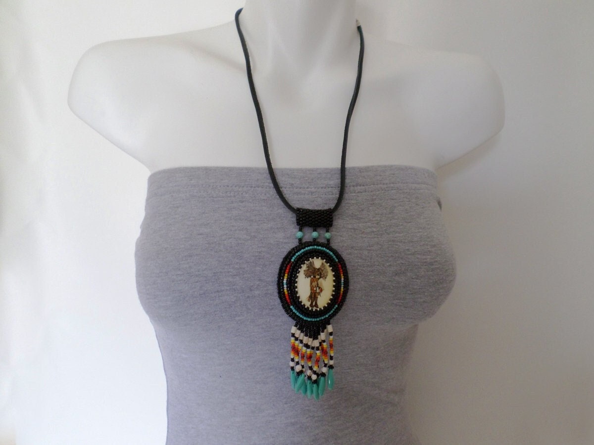 Bead Embroidery Necklace w Mongwu Great Horned Owl Kachina, Beadwork and Beaded Fringe, Southwestern