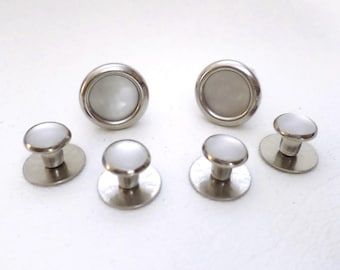 Vintage Cufflinks and Shirt Studs, 6 Piece Set, White Faux Mother of Pearl, Silver Finish, ID 4303416774